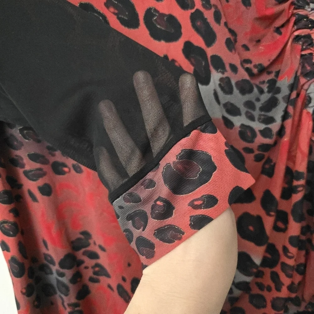 Kaktus Blouse Top Womens L Cheetah Leopard Print Red Goth Tulle